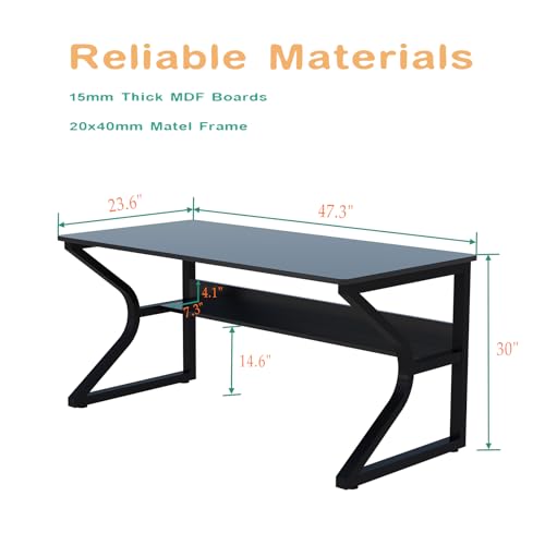OSCHF Office Desk with Storage Shelf - 47.3" Long Writing Table for Single-Person Workstation, Modern Study Gaming Computer Desk, Black - color: Black, size: 47.3x23.6 inch