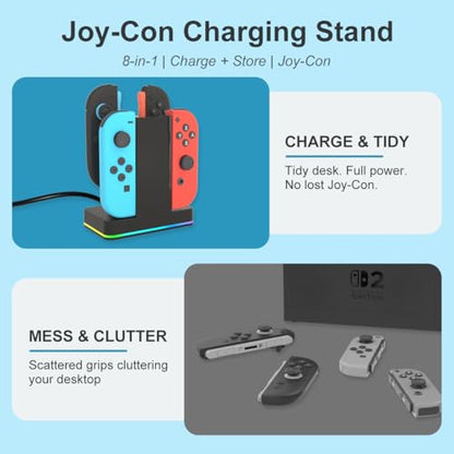 PURBHE Switch 2 JoyCon Charging Dock for Nintendo Switch Controller Charger, Accessories for Nintendo 1/2 Charging Station with RGB Light - 4 in 1 Charge Switch 2 with 60cm USB- C Power Cord - size: 60cm