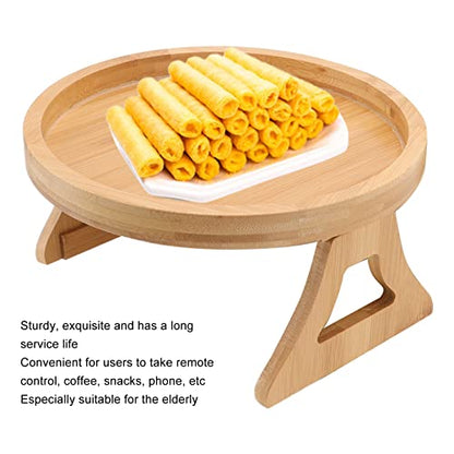 Tissting Wood Round Sofa Tray 9.65in x 4.72in - Clip on Side Table with Foldable Leg for Coffee, Tea, Snacks, Remote Controls, Living Room, Apartment, Dorm
