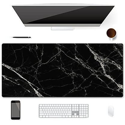 XXL Waterproof Office Desk Pad Protector 35.4x15.7 Inch - Extended Gaming Mouse Pad with Non-Slip Rubber Base, Thickened Keyboard Mat, Stitched Edges & Black White Marble Design - color: Black White