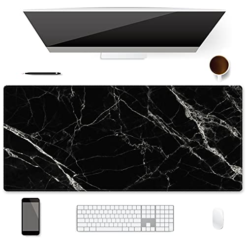 XXL Waterproof Office Desk Pad Protector 35.4x15.7 Inch - Extended Gaming Mouse Pad with Non-Slip Rubber Base, Thickened Keyboard Mat, Stitched Edges & Black White Marble Design - color: Black White