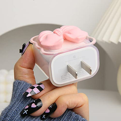 Compatible with iPhone 18W/20W USB-C Charger Cover Cute 3D Bow Tie Design Clear Soft Charger Protector Kawaii Cable Saver for iPhone 11 12 13 14 Pro Max Fast Power Adapter, Pink 2 (5in1) - color: Pink 2 (5 in 1)