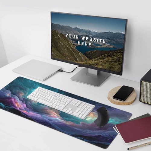 Mouse Pad with Colorful Cloud Design, Extended Gaming Keyboard Mat, 35.4x15.7 Inches, Non-Slip Rubber Base, Stitched Edges - color: Colorful clouds