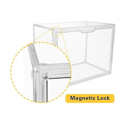 GUDEMAY Clear Stackable Plastic Storage Bins with Magnetic Lid, Dustproof Book & Cosmetic Acrylic Display Cases, Large Figures Collectibles Showcase, Shoe Box, Protection Organizer (L, Count, 3) - size: L