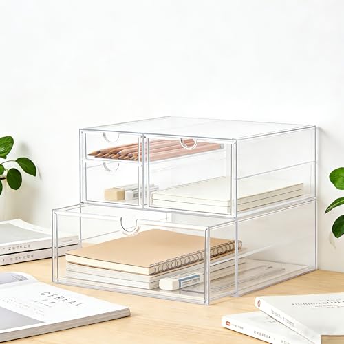 Prsildan Acrylic Drawer Makeup Organizer with 4 Drawers, Set of 2 | Clear, Baby Bottle Storage, For Vanity Countertop Bathroom Cosmetic Office Desk, Craft Jewelry Art Supply Organization - style: 4 Drawers