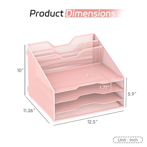 Desk File Organizer, Paper Organizer with 4 Letter Trays and 2 Vertical Upright Sections, Desk Organizers and Accessories for Office, School, Home (Pink) - color: Pink