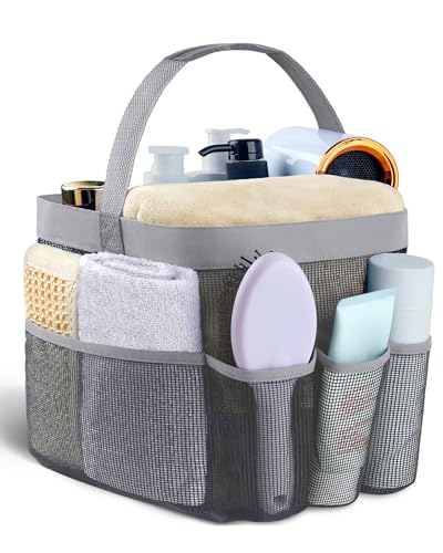 Attmu Mesh Shower Caddy Portable for College Dorm Room Camping Essentials, Shower Caddy Dorm with 9-Pockets, Large Capacity Hanging Basket Bathroom Bag for Toiletry, Swimming, Gym, Camp, Beach - color: Grey