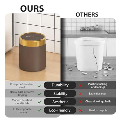 Countertop Trash Can with Lid for Desk Top,0.4 Gallon Stainless Steel Mini Trash Can for Desk、Car、Office、Kitchen,Swing Top Trash Bin with a Roll of Trash Bag(Brown) - color: Browm