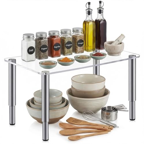 RattanView Height Adjustable 16in Extra Large Acrylic Display Risers 6mm Thick Clear Shelf Riser with 4 Metal Legs 6.7-9 in Adjustable Screwdriver, Stand for Plant Decor Collectibles Figures