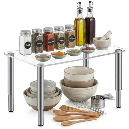 RattanView Height Adjustable 16in Extra Large Acrylic Display Risers 6mm Thick Clear Shelf Riser with 4 Metal Legs 6.7-9 in Adjustable Screwdriver, Stand for Plant Decor Collectibles Figures
