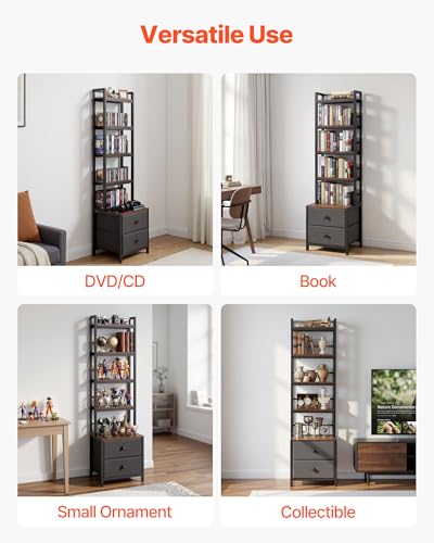 VEVOR Media Storage Cabinet, 4-Shelf DVD Shelf Organizer with Drawers, 15.75 x 11.81 x 56.50 in Multimedia Storage Organizer for CDs, DVDs, Books and Games, CD Cabinet for Living Room, Home Office