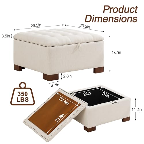 WUTUTUEE 30" Fabric Square Storage Ottoman with Wooden Tray, Modern Tufted Button Footstool Coffee Table, Upholstered Large Ottoman for Living Room, Bedroom, Beige - color: Beige, size: 30 Inch