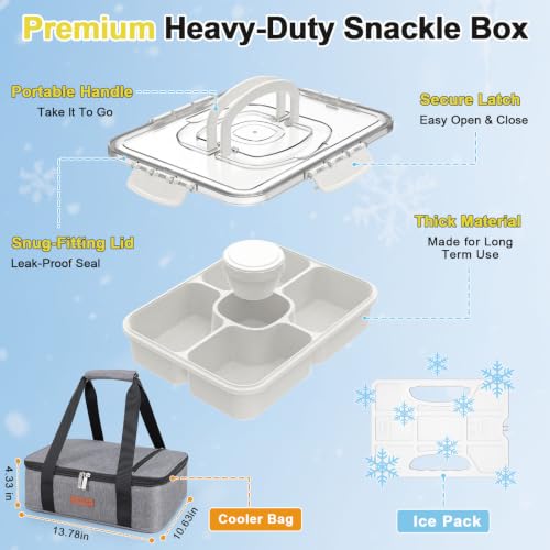 Chilled Snackle Box Container with Ice Pack & Insulated Bag, Large Snack Tray for Veggie Fruit Snacks, Portable Divided Serving Tray for Party, Picnic, Dishwasher Safe, BPA-Free - color: White + Ice Pack & Insulated Bag