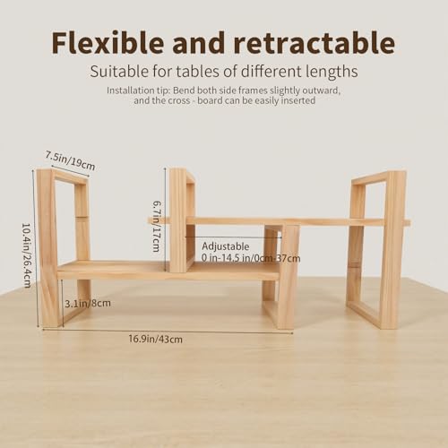 Desk Shelf, 100% Solid Wood Adjustable Desktop Bookshelf, No Tools or Nails Required Retro Tabletop Bookshelf, 130lb Load Capacity for Living Room, Office, for Books, Cookbooks,Nature Pine Color - color: Natural Pine Color