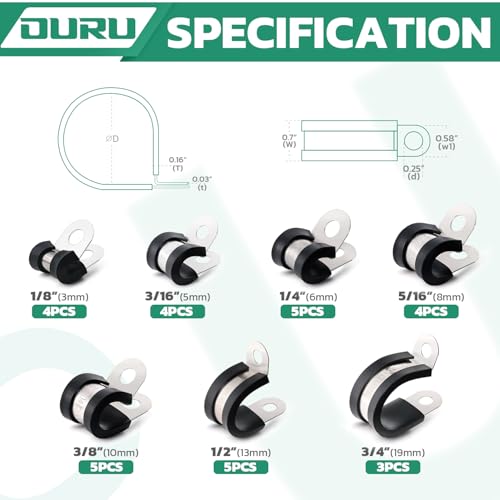 OURU 30PCS Cable Clamps Assortment Kit,7 Sizes—1/8" 3/16" 1/4" 5/16" 3/8" 1/2" 3/4" Stainless Steel Rubber Coated Cushioned Insulated Cable Clamp,Automotive Wire Pipe Clamps - size: 30pcs - 1/8", 3/16", 1/4", 5/16", 3/8", 1/2", 3/4"