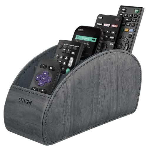 SITHON Remote Control Holder with 5 Compartments - PU Leather Remote Caddy Desktop Organizer Store TV, DVD, Blu-Ray, Media Player, Heater Controllers, Woodgrain Gray - color: Woodgrain Gray, size: Small