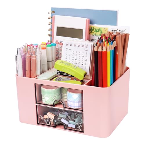Meiikun Plastic Pen Organizer, Multifunctional Desk Organizer with 2 Drawers, 4 Compartments & a Top Tray, Pencil Holder Desktop Organizers and Accessories for Office, 7.7" x 5.5" x 3.9" (Pink) - color: 5 Compartments + 2 Drawer (Pink)