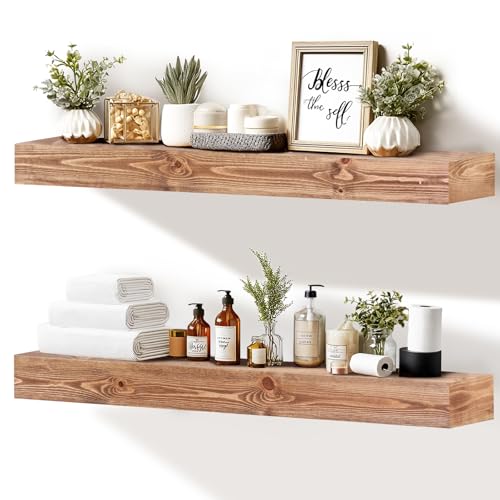 36x3x7 inch Floating Shelves Wall Mounted - Set of 2 Wood Rustic Solid Wood Wall Shelf - Heavy Duty Decorative Fireplace Mantel for Living Room, Bedroom, Bathroom, Kitchen - color: Wood, size: 36x3x7-hollow-2pack