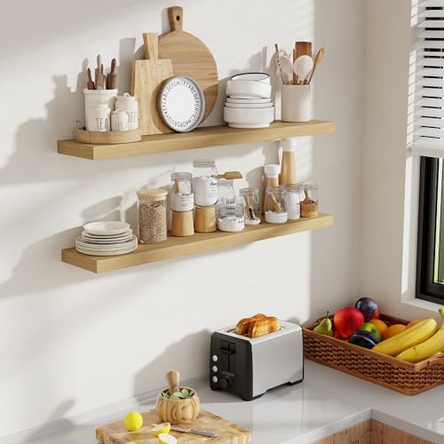 Acovy 40 Inch Floating Shelves, 8 Inch Deep Floating Shelves for Wall, Hanging Shelf with Invisible Brackets, Deep Shelves for Bathroom, Bedroom, Living Room, Oak, Set of 2 - color: Oak, size: 8"Wx40"L-2pcs