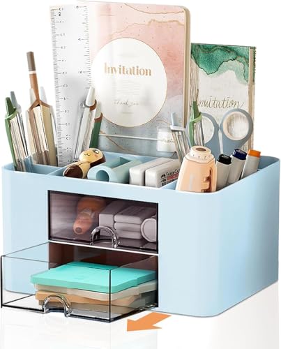 Stationary Organiser 7-Grid Desk Organizer with Drawer – Multifunctional Plastic Table Organizer & Pen Holder for School, Office, and Home (Blue) - color: Blue