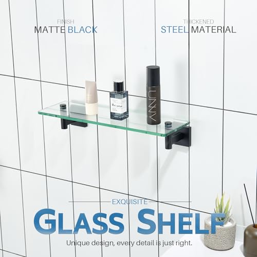KOKOSIRI Bathroom Shelves Glass Floating Shelf 16-Inch for Bedroom Living Room Kitchen Hanging Rack Rustproof Wall Mounted Black 2 Pack B1105BK-L16-P2 - color: Matte Black, size: 16-Inch(2 Pack)