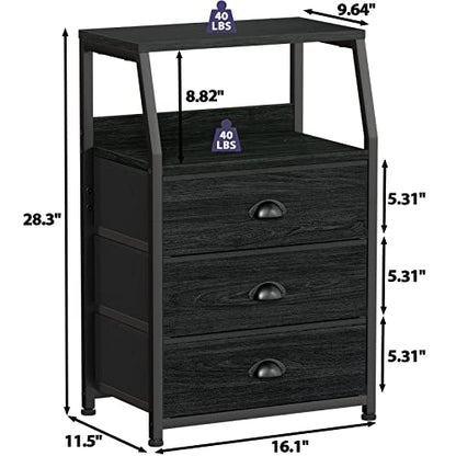Furnulem Black Night Stand, Small Dresser for Bedroom, Nightstand with 3 Fabric Storage Drawers and 2-Tier Shelf, End Table Side Furniture for Closet, Hallway, Nursery, Sturdy Steel Frame, Wood Top - color: Black Oak, style: 3 Drawers