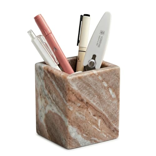 Natural Marble Pen Holder, 2.95” x 3.74” Square Desk Organizer, Marble Toothbrush Holder, Makeup Brush Holder, Decorative Storage Cup for Office Vanity Bathroom Kitchen Countertop, Brown - color: Light Brown