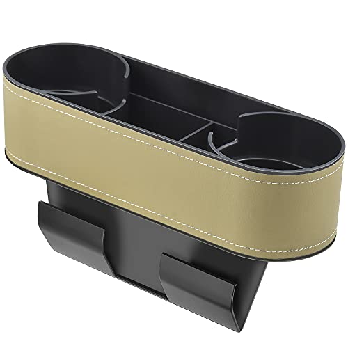 IOKONE Car Cup Holder, Auto Front Seat Organizer, Multifunctional Cup Drink Holders with PU Leather Cover, Gap Filler Storage Box Coin Bucket Console Side Pocket Cell Mobile Phone Holder(Slim-Beige) - color: Slim-Beige