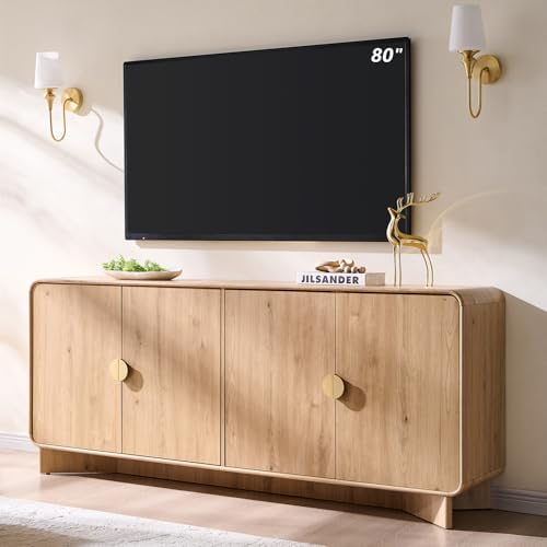 IFGET 70" Modern TV Stand for TVs Up to 80 inches, 30" Tall Entertainment Center with Storage and Adjustable Shelves, TV Console with Curved Profile Design, Media Console for Living Room, Natural Oak - color: Natural Oak, size: 70 "TV Stand