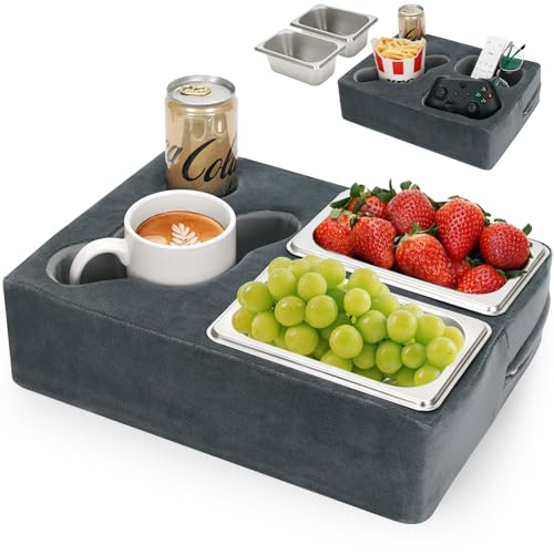 Cup Pillow Holder for Couch – Cup Glass Cozy Pillow | Bed Couch Cup Holder with SS Food Container for Pasta, Fruit, Snacks, Remote | Sofa Drink Buddy for Car, RV, Living Room, Picnic, Camping (Grey)