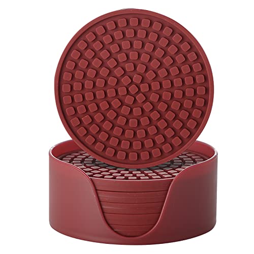 Colinda Silicone Drink Coasters with Holder, Set of 6, Outdoor Cup Mat for Hot or Cold Drinks, Thickened, Non-Slip,Non-Stick, Merlot Red - color: Merlot Red