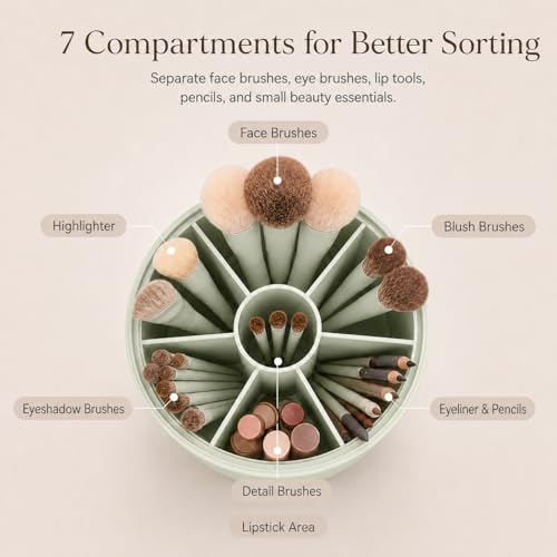EACHY Makeup Brush Holder with Lid, Rotating Makeup Brush Organizer, Green | Dustproof Lid, 7 Compartments, Waterproof Plastic, Vanity Makeup Organizer for Brushes - color: Green