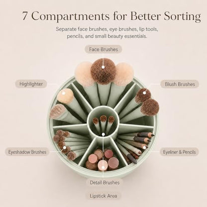 EACHY Makeup Brush Holder with Lid, Rotating Makeup Brush Organizer, Green | Dustproof Lid, 7 Compartments, Waterproof Plastic, Vanity Makeup Organizer for Brushes - color: Green