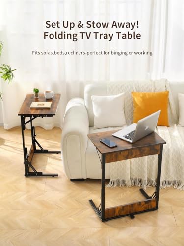 Upgraded 24" Folding C Shaped End Table, Small Sofa Side Laptop Desk, Couch TV Tray Table for Living Room, Bedroom (2, Rustic Brown) - color: Brown, size: set of 2