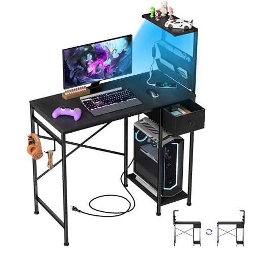 33.7 Inch Small Gaming Desk Table with LED Lights & Power Outlets, Compact L Shaped Gaming Computer Desk with CPU Stand, Drawer & Storage, Corner PC Desk for Kids, Home Office , Bedroom, Black - color: Black