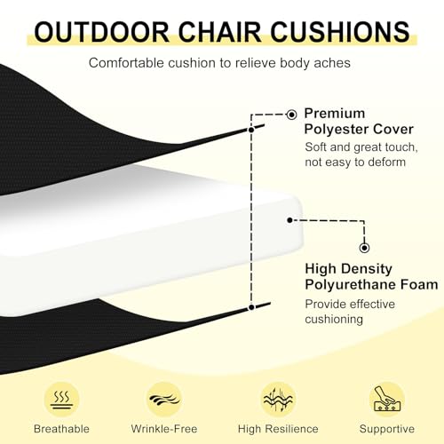 downluxe Outdoor Chair Cushions Set of 2 for Patio Furniture, Water-Resistant Patio Chair Cushions with Ties, High Density Foam Outdoor Seat Cushion, 17" X 16" X 2", Black - color: Black, size: 17x16x2 Inch (Pack of 2)