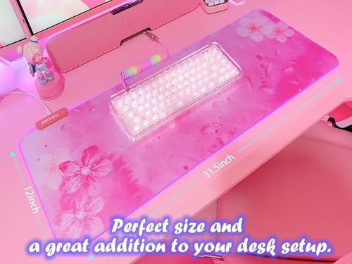 JMIYAV RGB Cherry Blossom Gaming Mouse Pad Pink 31.5x12 Inch PC XL Large Extended Glowing Led Light Up Desk Pad Non-Slip Rubber Base Computer Keyboard and Mouse Pad Cute Mousepad - color: P-pink Flowers