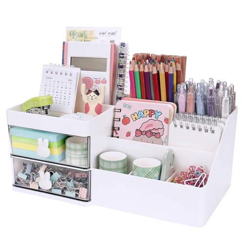 Meiikun Desk Organizer, Makeup Organizer with 2 Drawer, 7 Compartment & a Top Tray, Desktop Organizers and Storage for Women, Cute Home organization Bathroom, 11" x 5.7" x 4.7" (White) - color: 8 Compartments + 2 Drawer (White)