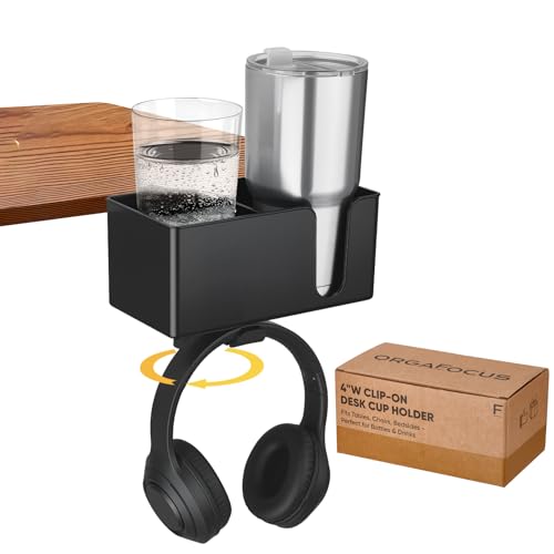 4-in-1 Clip On Desk Cup Holder, Fits up to 40oz cups - Mountable Holder with Adjustable Divider & 360° Rotating Hook - No Spill Clamp On Drink Holder Attachment - for Desk Chair Table Bed Tray - Black - color: Black - 4" W Dual Cup