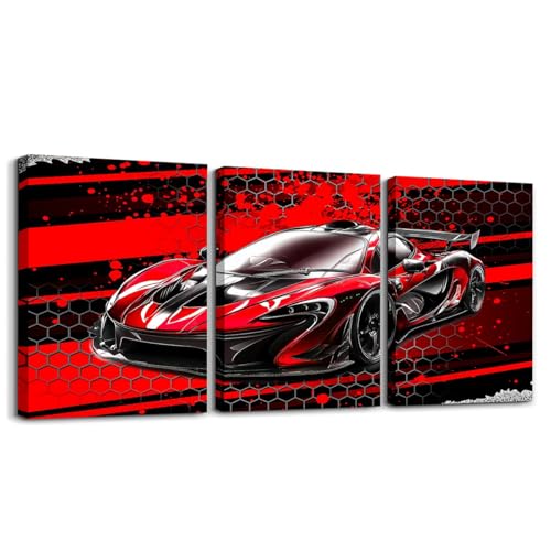 Feelyou Kids Boys Race Car Canvas Wall Art Canvas Set of 3 Racing Car Artwork Poster Cool Speed Car Wall Painting Office Sports Car Wall Decor Art for Bedroom Living Room Home Decoration 12x16 Inch - color: Black and Deep Red