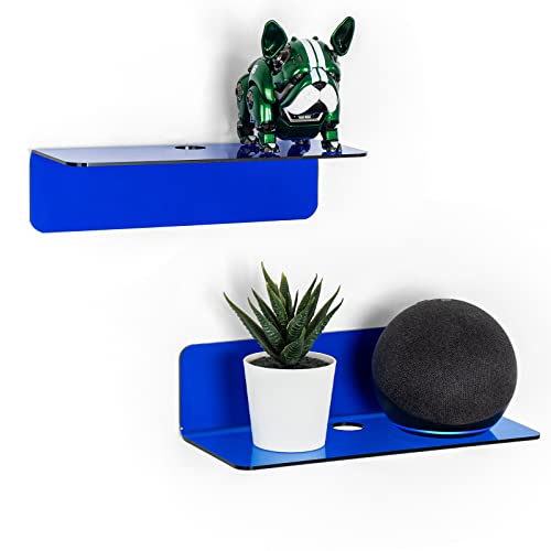 OAPRIRE Small Floating Wall Shelves Set of 2 - Personalize&Easily Expand Wall Space - 9 Inch Acrylic Wall Shelf for Bedroom, Gaming Room, Living Room, Bathroom, Office, with Cable Clips - Clear Blue - color: Blue