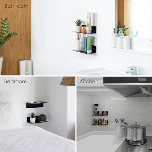 OAPRIRE Acrylic Floating Wall Shelves Set of 2, Damage-Free Expand Wall Space, Small Display Shelf for Smart Speaker/Action Figures with Cable Clips - color: Black