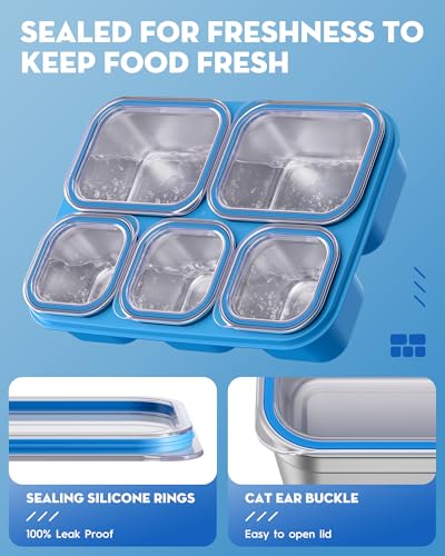BiuLeon Snackle Box Containers, Stainless Steel 5 Compartments Divided Serving Tray with Lid, Removable LeakProof Portable Bento Box for Fruit Candy Nuts Food - School, Picnic and Travel（Blue） - color: Blue