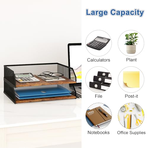 Natwind 2-Tier Stackable Metal Mesh Paper Tray Organizer,Retro | Wooden Desk Organizer, Letter Tray For Desktop,File Holder For Home Office School Classroom Organization - size: 12.6" x 9.8" x 5.9"