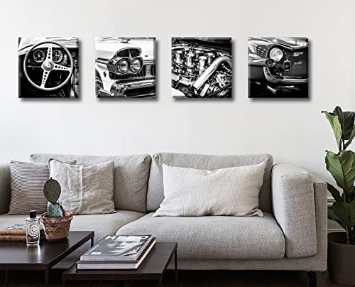 DJSYLIFE Black and White Wall Art Vintage Car Posters Decor Mens Bedroom Boys Room Office Paintings Canvas Pictures Framed Ready to Hang 12" W×12" H×4 PCS - color: Black car