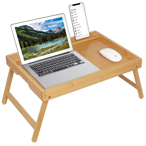 Artmeer Bed Tray Table with Folding Legs, Bamboo Breakfast Food Tray with Media Slot, Use As Platter, Laptop Desk, Snack, TV Tray Kitchen Serving Tray (Bamboo Extra-Large Size) - color: Bamboo, size: X-Large
