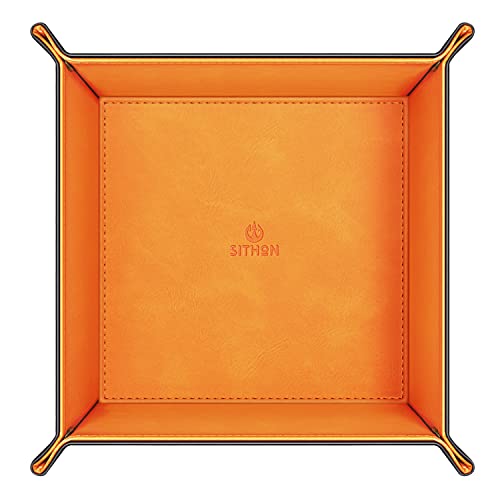 SITHON Valet Tray Desktop Storage Organizer – Premium PU Leather Catchall Bedside Vanity Tray Nightstand Caddy Holder for Remote Controller, Keys, Phone, Wallet, Coin, Jewelry (Orange) - color: Orange