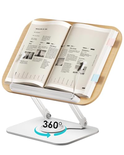 Viozon Book Stand for Reading,Book Holder, Height&Angle Adjustable, 360° Rotating Base, Foldable and Portable, Lightweight for Office, Kitchen, School Textbook, Recipe, Magazine,Kindle,Tablet LW - color: Light Wood