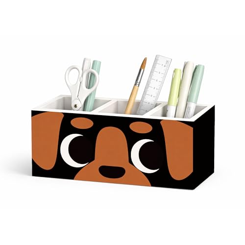 Cute Dog Face Wooden Desk Organizer 3 Compartments | Cute dog-themed wooden holder; 3 compartments for pens, pencils, scissors, ruler, home, office, or kids desk. - color: Cute Cartoon Dog Face