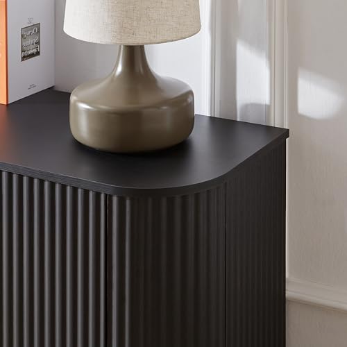 64" Modern TV Stand Sideboard Storage Cabinet, Wooden Curved TV Console with Sliding Doors, Wave Pattern Buffet Cabinet Wooden Vertical Striped Table for Kitchen/Bedroom/Entryway (Black) - color: Black